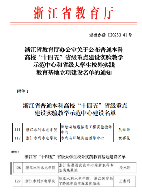 浙江水利水电学院新增2个省级实验教学示范中心和2个省级大学生校外实践教育基地