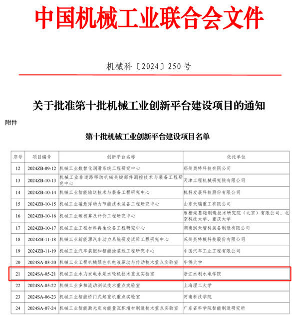 喜报！浙江水利水电学院获批机械工业重点实验室创新平台建设项目